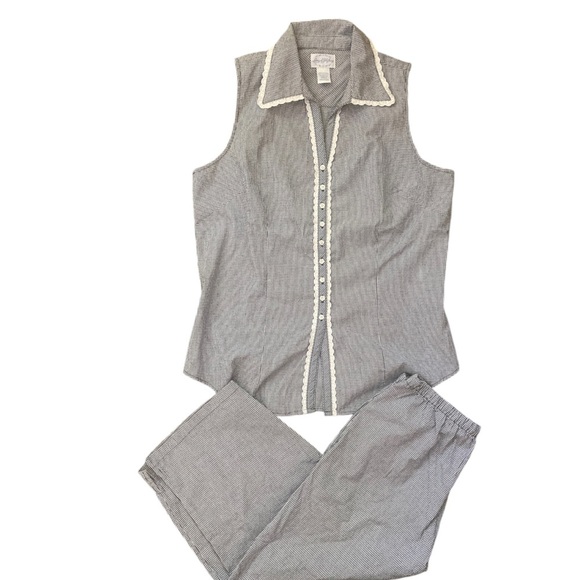 Lanz of Salzburg Pajama Set with Robe Seersucker Blue White Check Lace Trim - Picture 9 of 15